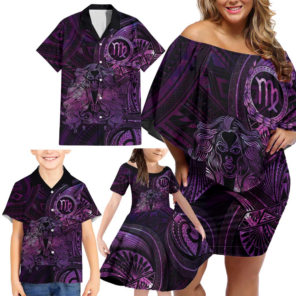 Personalised Polynesia Zodiac Virgo Family Matching Off Shoulder Short Dress and Hawaiian Shirt Galaxy Polynesian Pattern Chest Tattoo Style