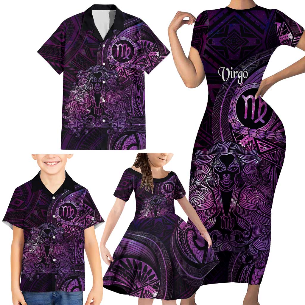 Personalised Polynesia Zodiac Virgo Family Matching Short Sleeve Bodycon Dress and Hawaiian Shirt Galaxy Polynesian Pattern Chest Tattoo Style