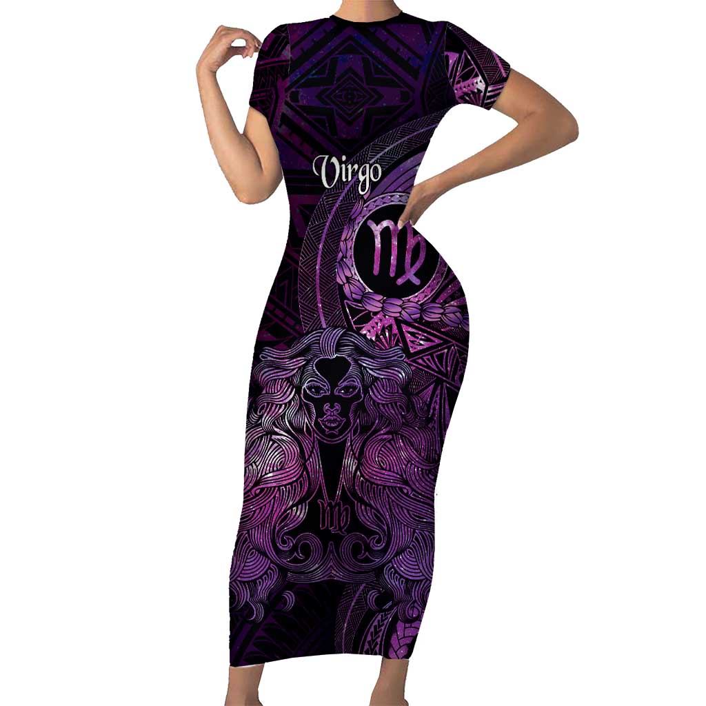Personalised Polynesia Zodiac Virgo Family Matching Short Sleeve Bodycon Dress and Hawaiian Shirt Galaxy Polynesian Pattern Chest Tattoo Style