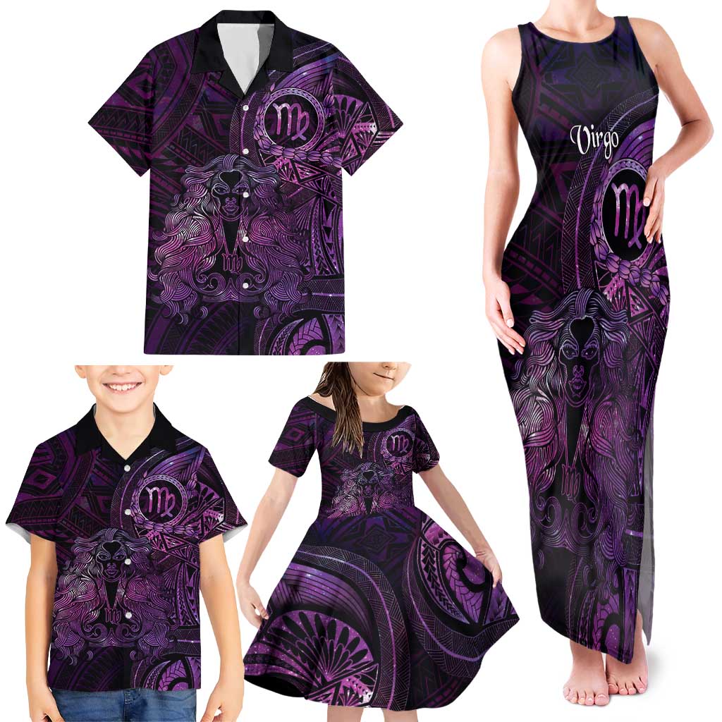 Personalised Polynesia Zodiac Virgo Family Matching Tank Maxi Dress and Hawaiian Shirt Galaxy Polynesian Pattern Chest Tattoo Style