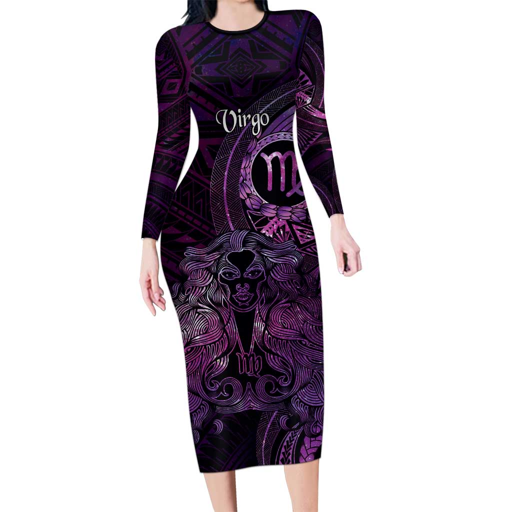 Personalised Polynesia Zodiac Virgo Long Sleeve Bodycon Dress Galaxy Polynesian Pattern Chest Tattoo Style