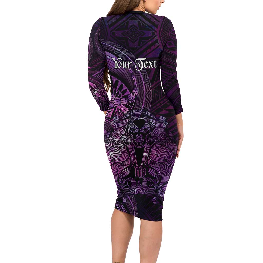 Personalised Polynesia Zodiac Virgo Long Sleeve Bodycon Dress Galaxy Polynesian Pattern Chest Tattoo Style