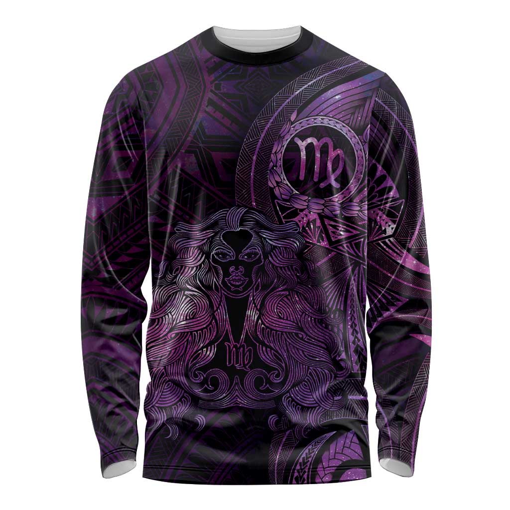 Personalised Polynesia Zodiac Virgo Long Sleeve Shirt Galaxy Polynesian Pattern Chest Tattoo Style