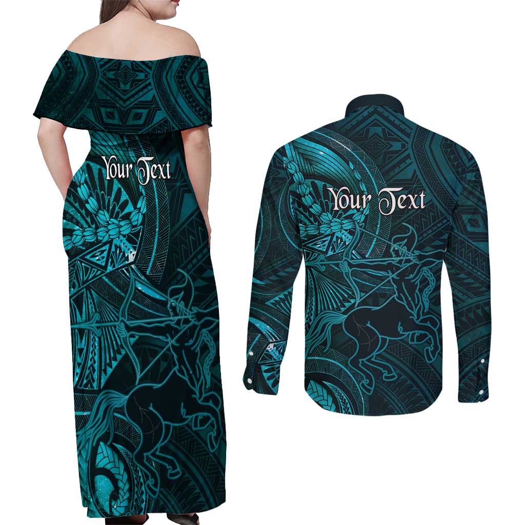 Personalised Polynesia Zodiac Sagittarius Couples Matching Off Shoulder Maxi Dress and Long Sleeve Button Shirt Galaxy Polynesian Pattern Chest Tattoo Style