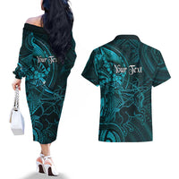 Personalised Polynesia Zodiac Sagittarius Couples Matching Off The Shoulder Long Sleeve Dress and Hawaiian Shirt Galaxy Polynesian Pattern Chest Tattoo Style