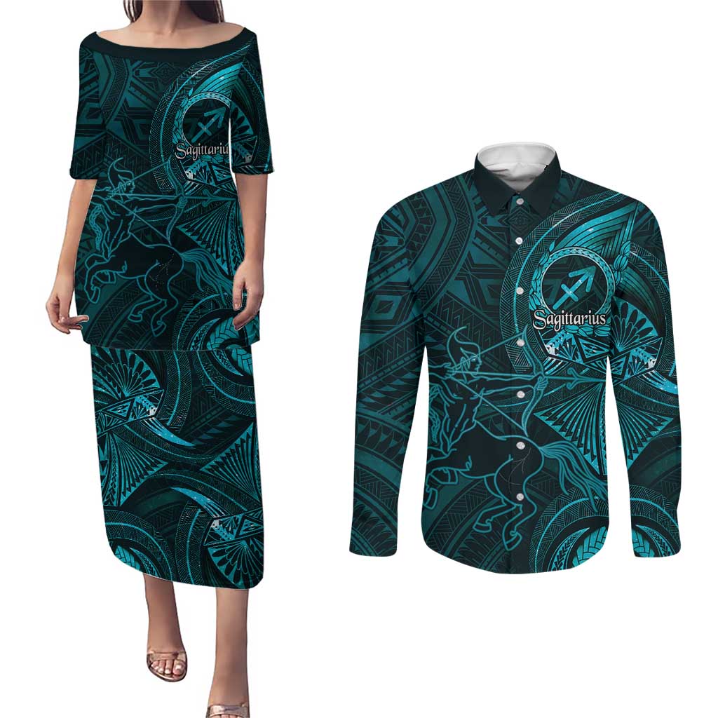Personalised Polynesia Zodiac Sagittarius Couples Matching Puletasi and Long Sleeve Button Shirt Galaxy Polynesian Pattern Chest Tattoo Style