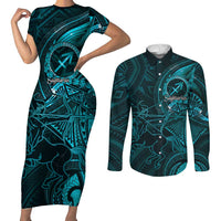 Personalised Polynesia Zodiac Sagittarius Couples Matching Short Sleeve Bodycon Dress and Long Sleeve Button Shirt Galaxy Polynesian Pattern Chest Tattoo Style