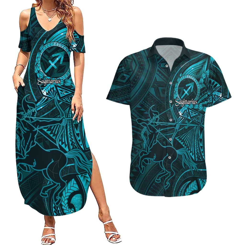Personalised Polynesia Zodiac Sagittarius Couples Matching Summer Maxi Dress and Hawaiian Shirt Galaxy Polynesian Pattern Chest Tattoo Style