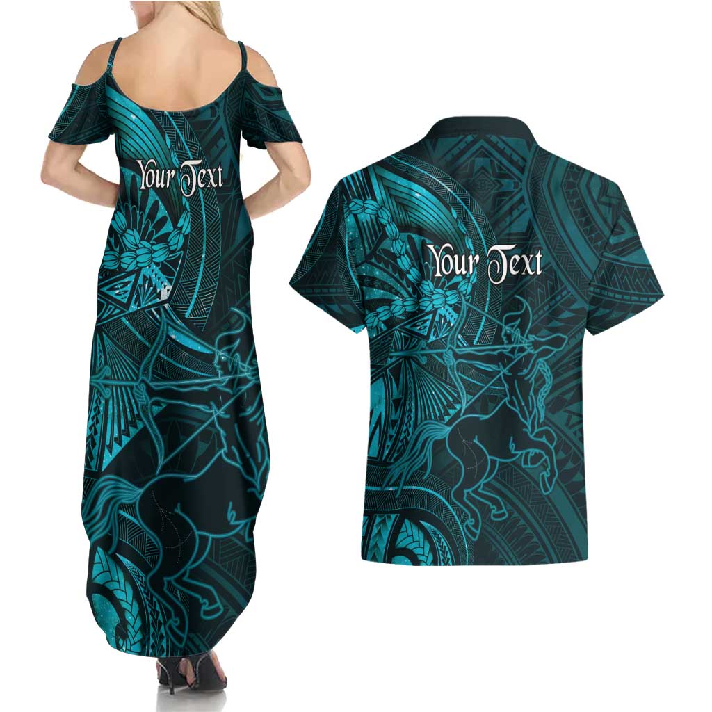 Personalised Polynesia Zodiac Sagittarius Couples Matching Summer Maxi Dress and Hawaiian Shirt Galaxy Polynesian Pattern Chest Tattoo Style
