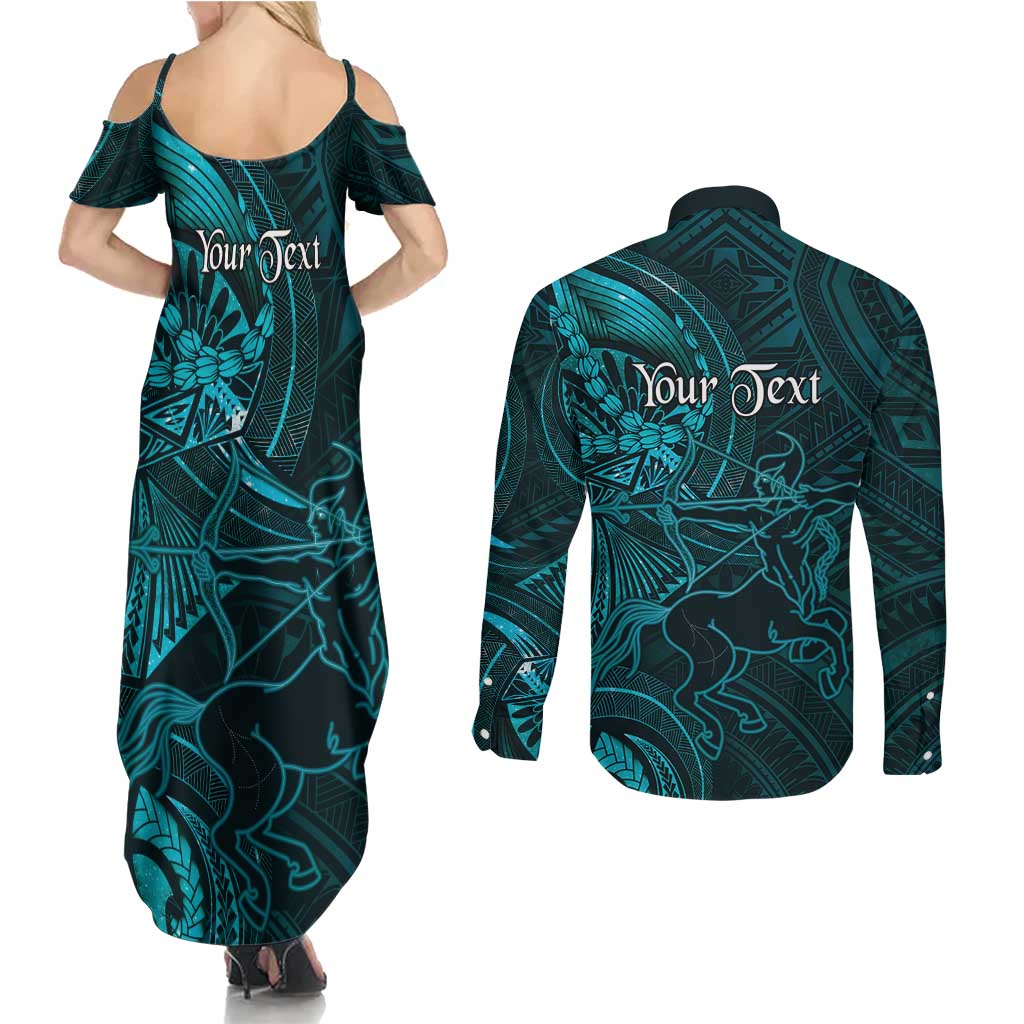 Personalised Polynesia Zodiac Sagittarius Couples Matching Summer Maxi Dress and Long Sleeve Button Shirt Galaxy Polynesian Pattern Chest Tattoo Style