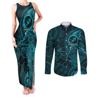 Personalised Polynesia Zodiac Sagittarius Couples Matching Tank Maxi Dress and Long Sleeve Button Shirt Galaxy Polynesian Pattern Chest Tattoo Style