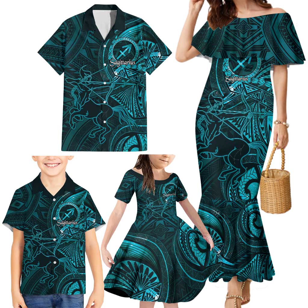 Personalised Polynesia Zodiac Sagittarius Family Matching Mermaid Dress and Hawaiian Shirt Galaxy Polynesian Pattern Chest Tattoo Style