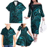 Personalised Polynesia Zodiac Sagittarius Family Matching Off The Shoulder Long Sleeve Dress and Hawaiian Shirt Galaxy Polynesian Pattern Chest Tattoo Style