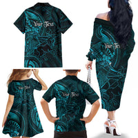 Personalised Polynesia Zodiac Sagittarius Family Matching Off The Shoulder Long Sleeve Dress and Hawaiian Shirt Galaxy Polynesian Pattern Chest Tattoo Style