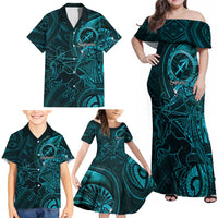 Personalised Polynesia Zodiac Sagittarius Family Matching Off Shoulder Maxi Dress and Hawaiian Shirt Galaxy Polynesian Pattern Chest Tattoo Style
