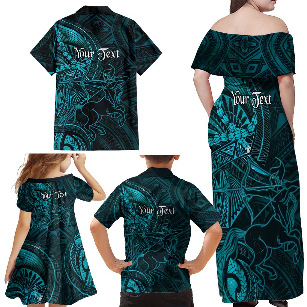 Personalised Polynesia Zodiac Sagittarius Family Matching Off Shoulder Maxi Dress and Hawaiian Shirt Galaxy Polynesian Pattern Chest Tattoo Style