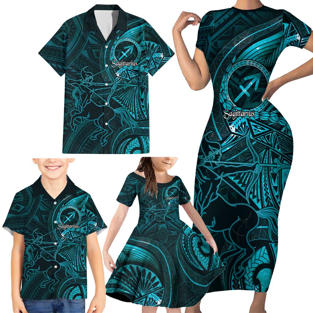 Personalised Polynesia Zodiac Sagittarius Family Matching Short Sleeve Bodycon Dress and Hawaiian Shirt Galaxy Polynesian Pattern Chest Tattoo Style