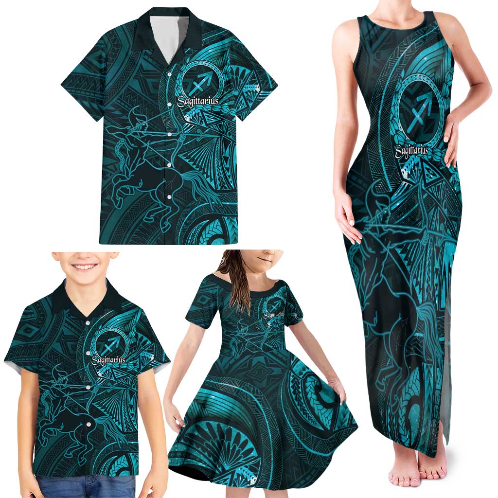 Personalised Polynesia Zodiac Sagittarius Family Matching Tank Maxi Dress and Hawaiian Shirt Galaxy Polynesian Pattern Chest Tattoo Style