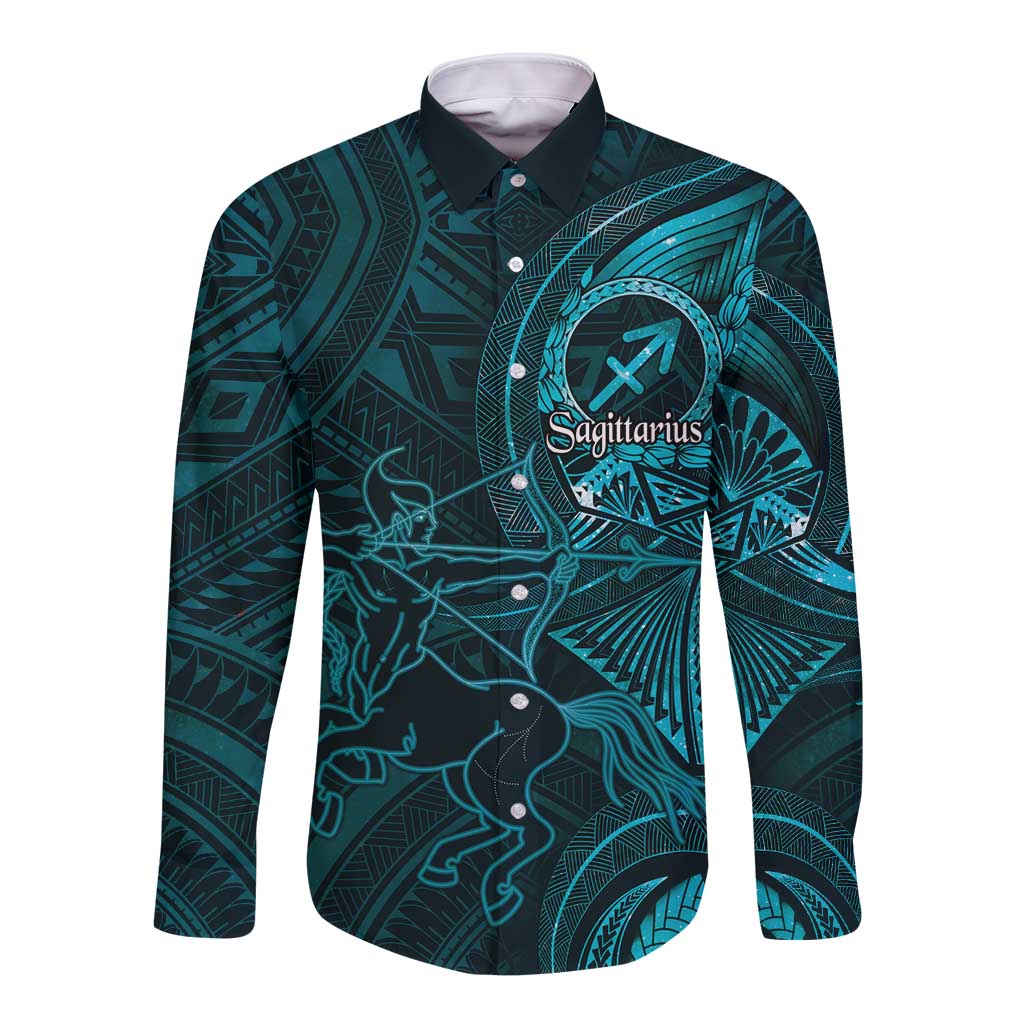 Personalised Polynesia Zodiac Sagittarius Long Sleeve Button Shirt Galaxy Polynesian Pattern Chest Tattoo Style