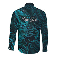 Personalised Polynesia Zodiac Sagittarius Long Sleeve Button Shirt Galaxy Polynesian Pattern Chest Tattoo Style