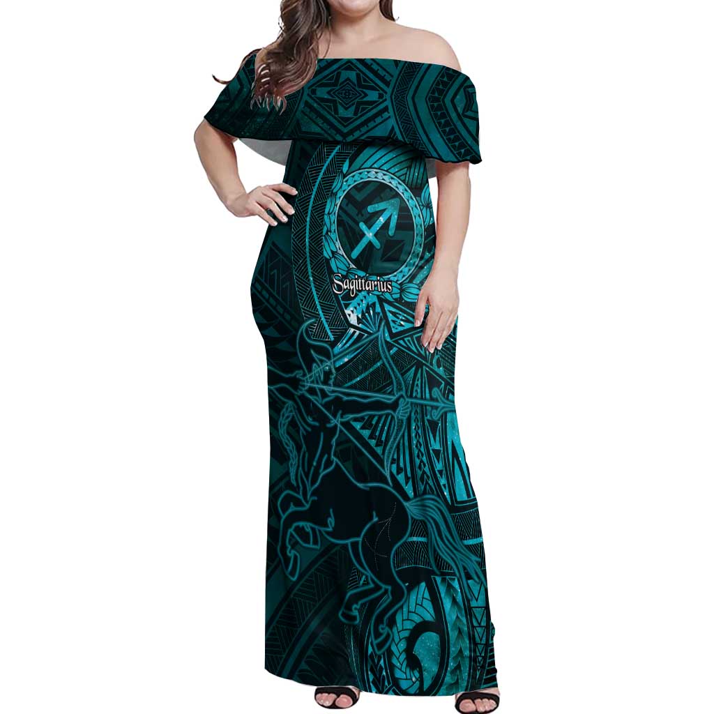 Personalised Polynesia Zodiac Sagittarius Off Shoulder Maxi Dress Galaxy Polynesian Pattern Chest Tattoo Style