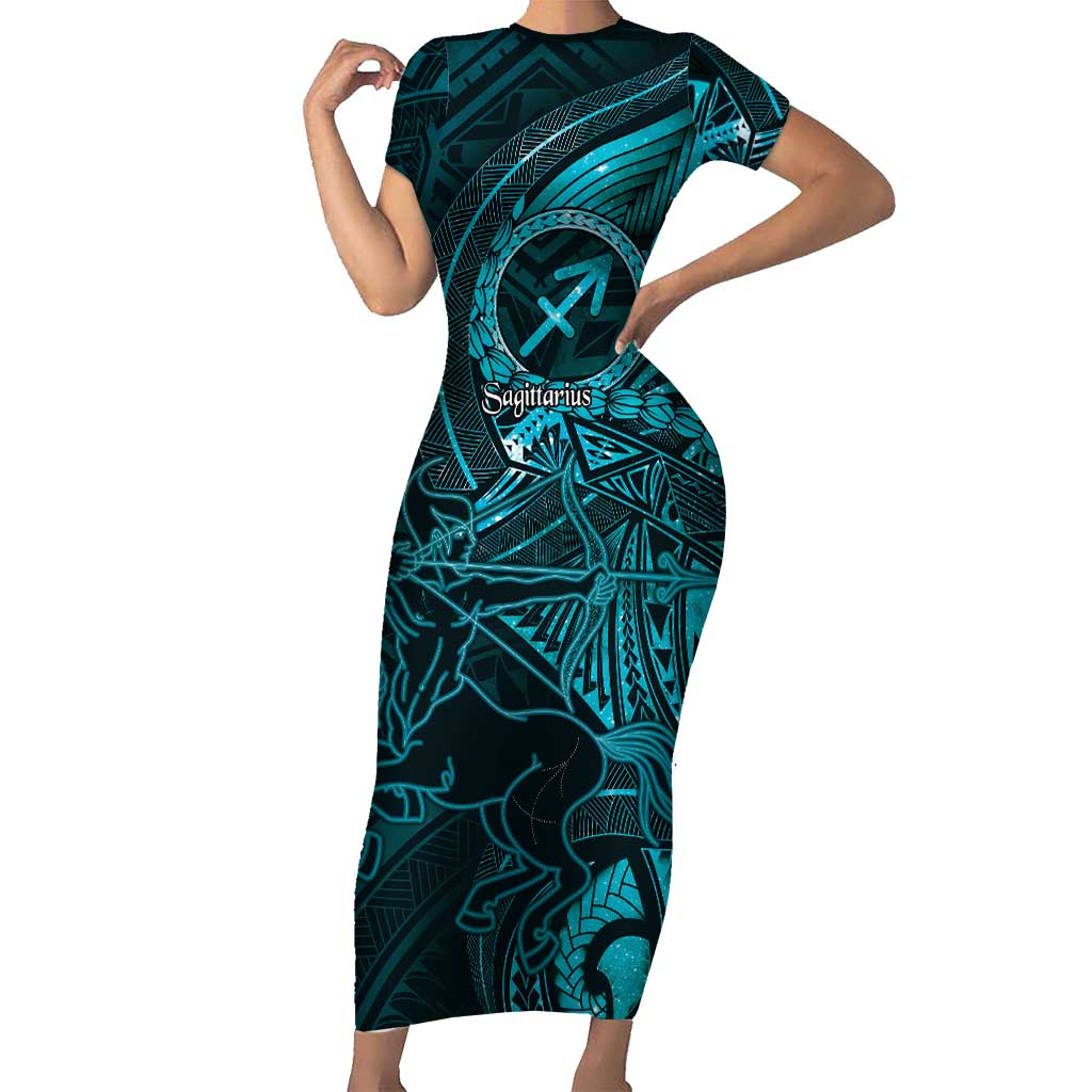 Personalised Polynesia Zodiac Sagittarius Short Sleeve Bodycon Dress Galaxy Polynesian Pattern Chest Tattoo Style
