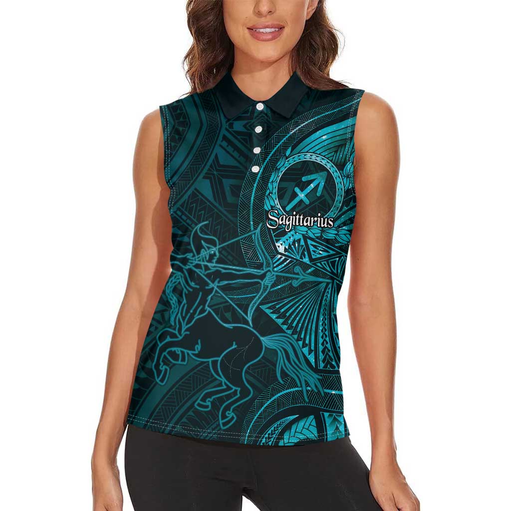 Personalised Polynesia Zodiac Sagittarius Women Sleeveless Polo Shirt Galaxy Polynesian Pattern Chest Tattoo Style