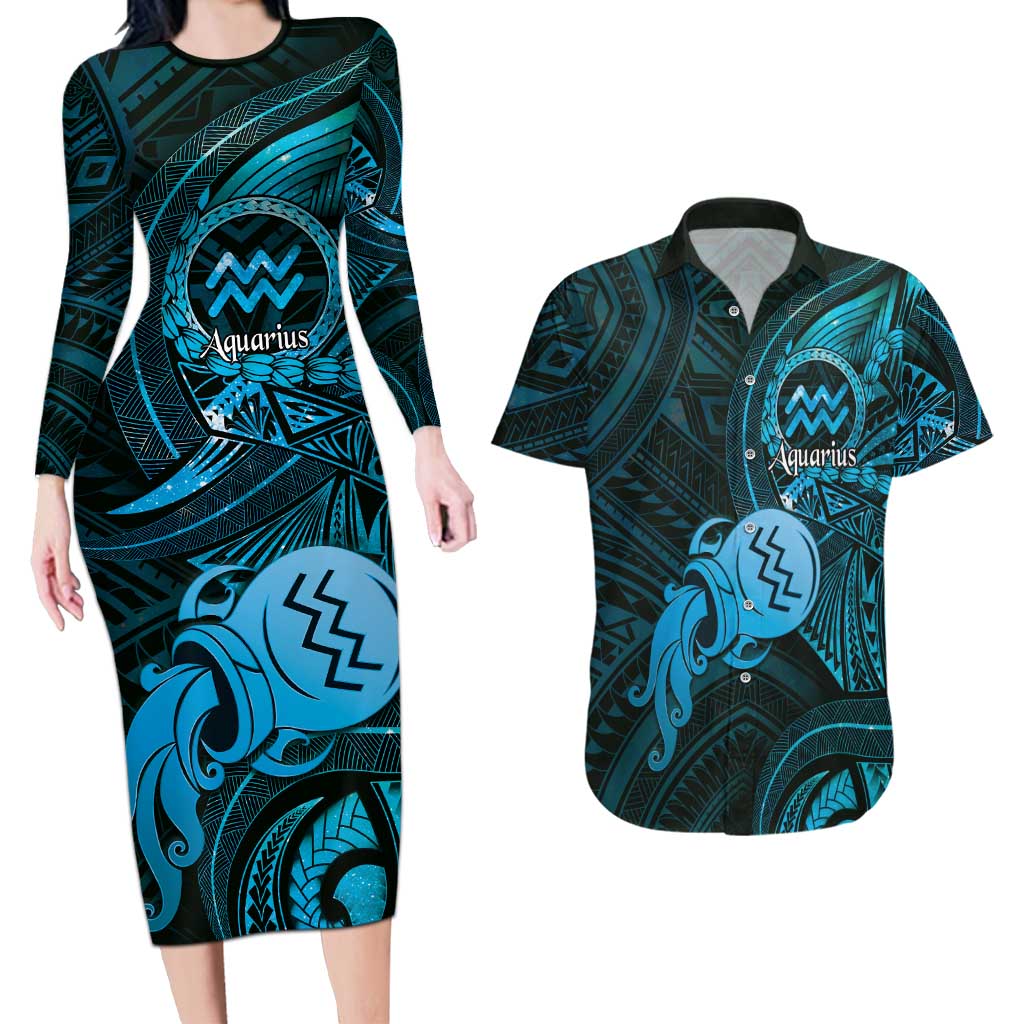 Personalised Polynesia Zodiac Aquarius Couples Matching Long Sleeve Bodycon Dress and Hawaiian Shirt Galaxy Polynesian Pattern Chest Tattoo Style
