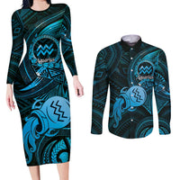 Personalised Polynesia Zodiac Aquarius Couples Matching Long Sleeve Bodycon Dress and Long Sleeve Button Shirt Galaxy Polynesian Pattern Chest Tattoo Style