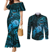 Personalised Polynesia Zodiac Aquarius Couples Matching Mermaid Dress and Long Sleeve Button Shirt Galaxy Polynesian Pattern Chest Tattoo Style