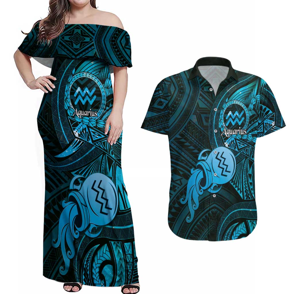 Personalised Polynesia Zodiac Aquarius Couples Matching Off Shoulder Maxi Dress and Hawaiian Shirt Galaxy Polynesian Pattern Chest Tattoo Style