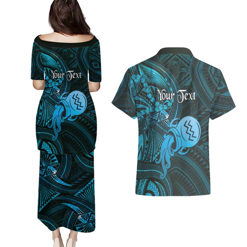 Personalised Polynesia Zodiac Aquarius Couples Matching Puletasi and Hawaiian Shirt Galaxy Polynesian Pattern Chest Tattoo Style