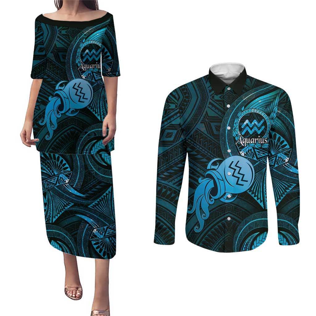 Personalised Polynesia Zodiac Aquarius Couples Matching Puletasi and Long Sleeve Button Shirt Galaxy Polynesian Pattern Chest Tattoo Style