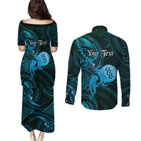 Personalised Polynesia Zodiac Aquarius Couples Matching Puletasi and Long Sleeve Button Shirt Galaxy Polynesian Pattern Chest Tattoo Style