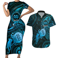 Personalised Polynesia Zodiac Aquarius Couples Matching Short Sleeve Bodycon Dress and Hawaiian Shirt Galaxy Polynesian Pattern Chest Tattoo Style