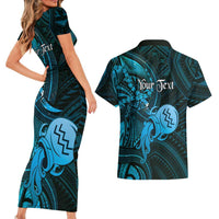 Personalised Polynesia Zodiac Aquarius Couples Matching Short Sleeve Bodycon Dress and Hawaiian Shirt Galaxy Polynesian Pattern Chest Tattoo Style