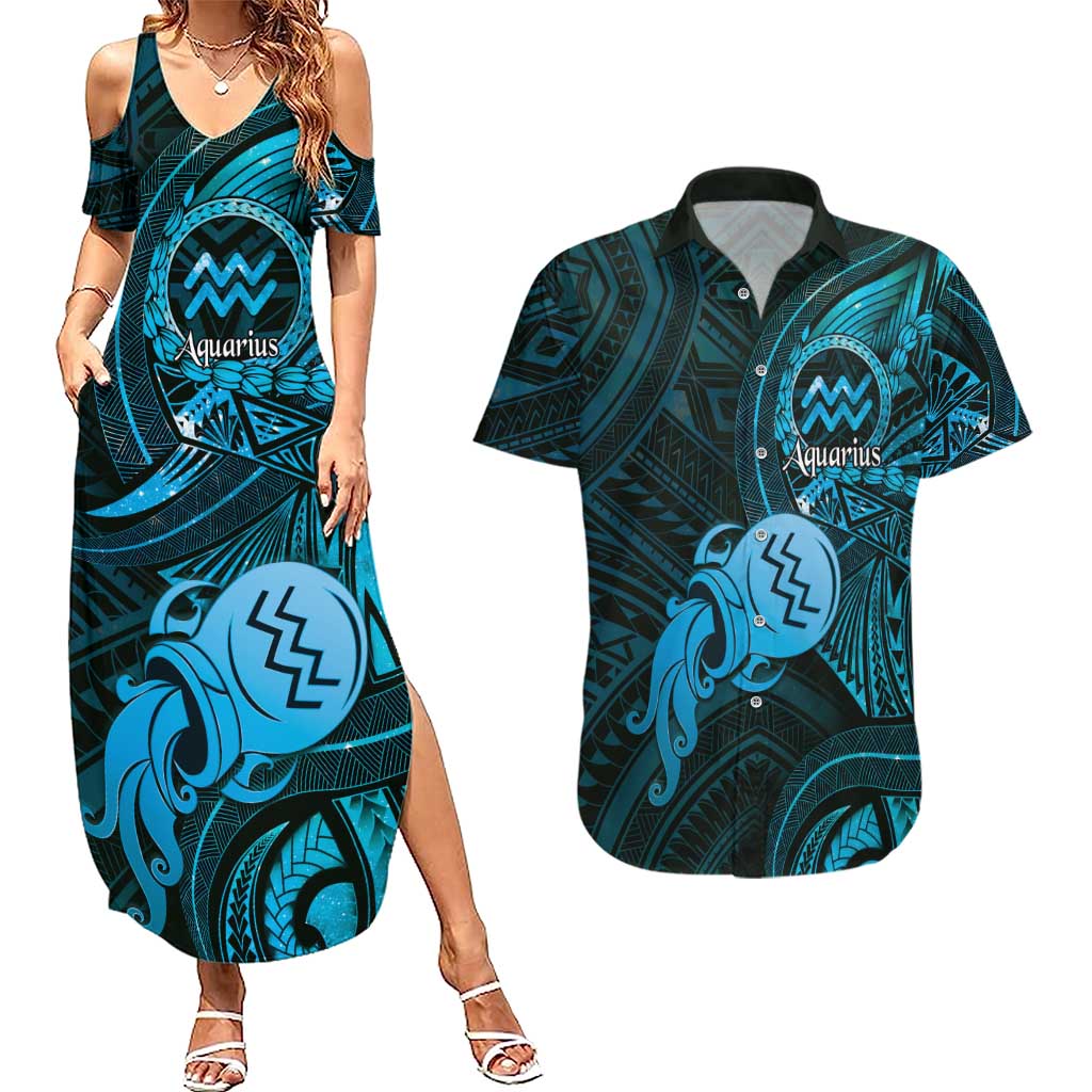 Personalised Polynesia Zodiac Aquarius Couples Matching Summer Maxi Dress and Hawaiian Shirt Galaxy Polynesian Pattern Chest Tattoo Style