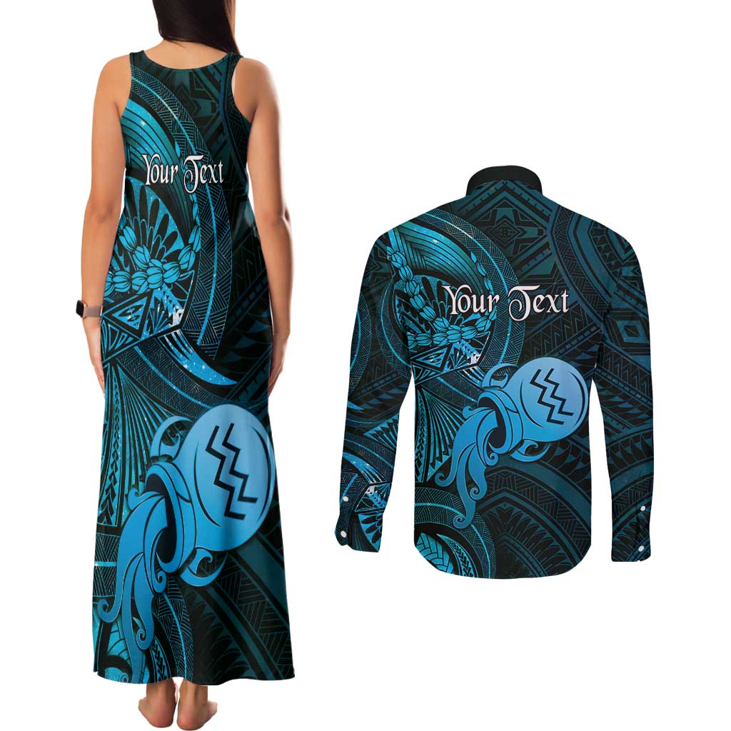 Personalised Polynesia Zodiac Aquarius Couples Matching Tank Maxi Dress and Long Sleeve Button Shirt Galaxy Polynesian Pattern Chest Tattoo Style