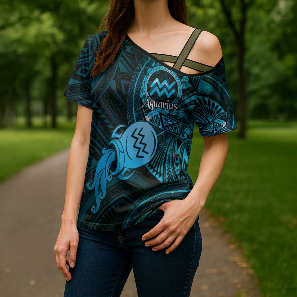 Personalised Polynesia Zodiac Aquarius Cross Shoulder Shirt Galaxy Polynesian Pattern Chest Tattoo Style