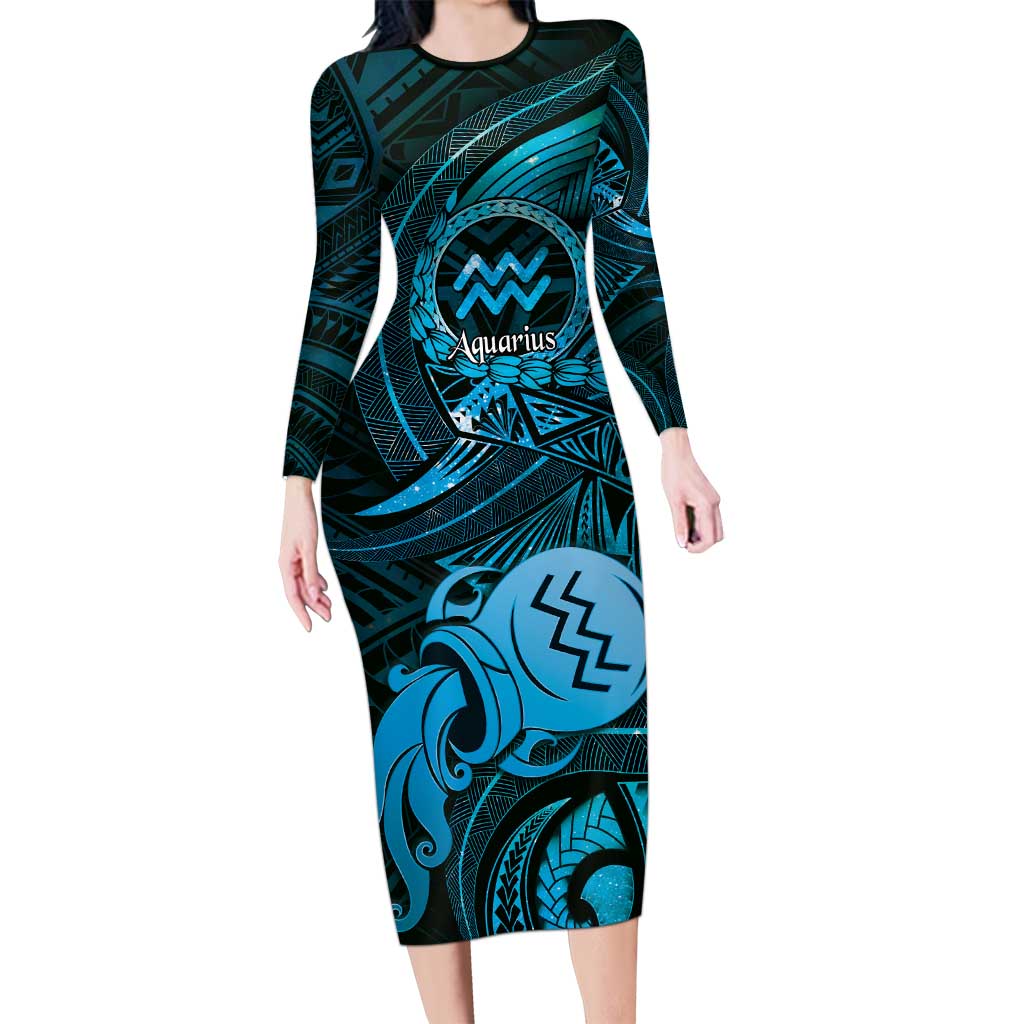 Personalised Polynesia Zodiac Aquarius Family Matching Long Sleeve Bodycon Dress and Hawaiian Shirt Galaxy Polynesian Pattern Chest Tattoo Style