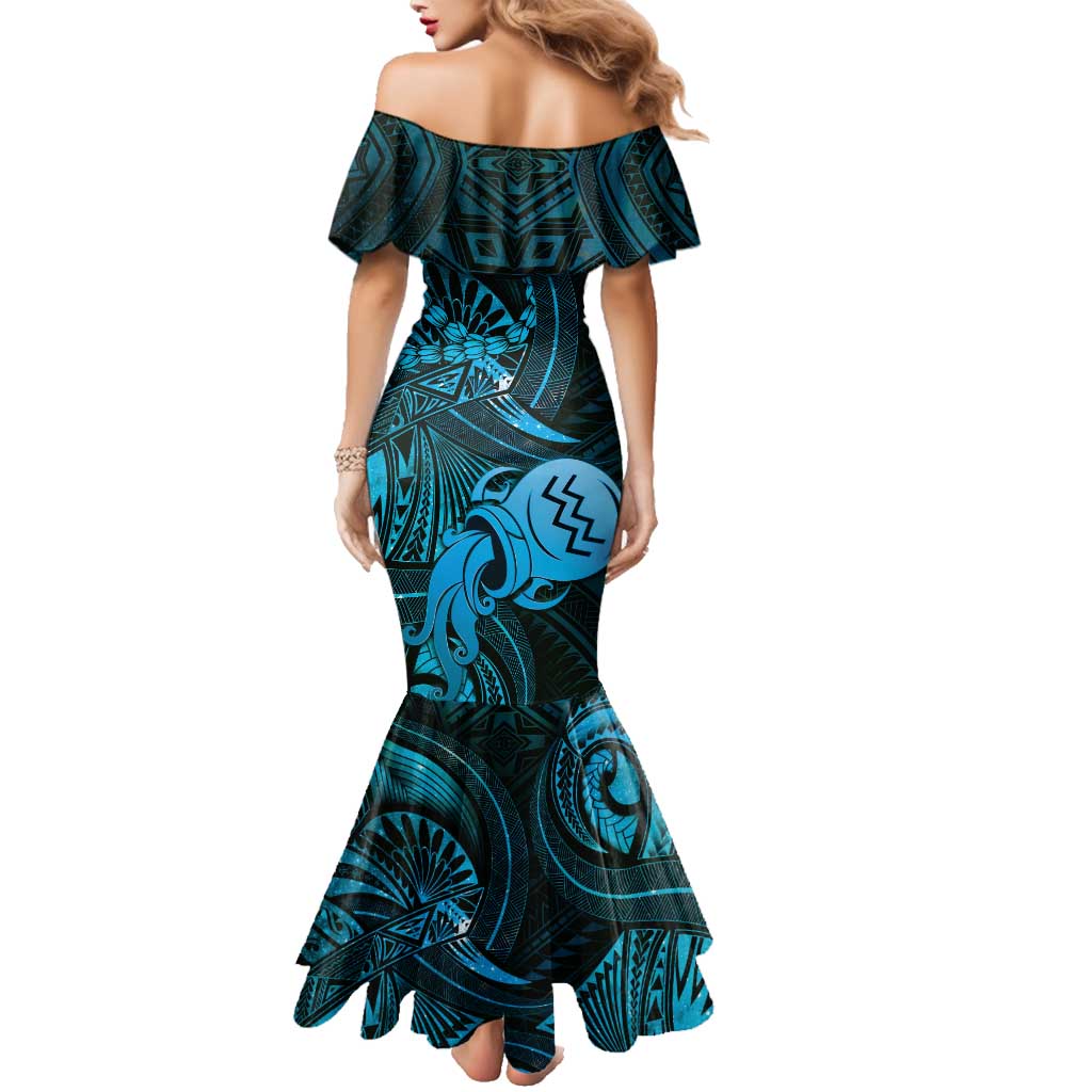 Personalised Polynesia Zodiac Aquarius Family Matching Mermaid Dress and Hawaiian Shirt Galaxy Polynesian Pattern Chest Tattoo Style