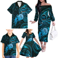 Personalised Polynesia Zodiac Aquarius Family Matching Off The Shoulder Long Sleeve Dress and Hawaiian Shirt Galaxy Polynesian Pattern Chest Tattoo Style