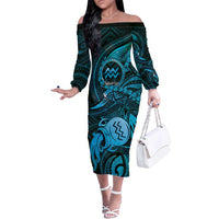 Personalised Polynesia Zodiac Aquarius Family Matching Off The Shoulder Long Sleeve Dress and Hawaiian Shirt Galaxy Polynesian Pattern Chest Tattoo Style
