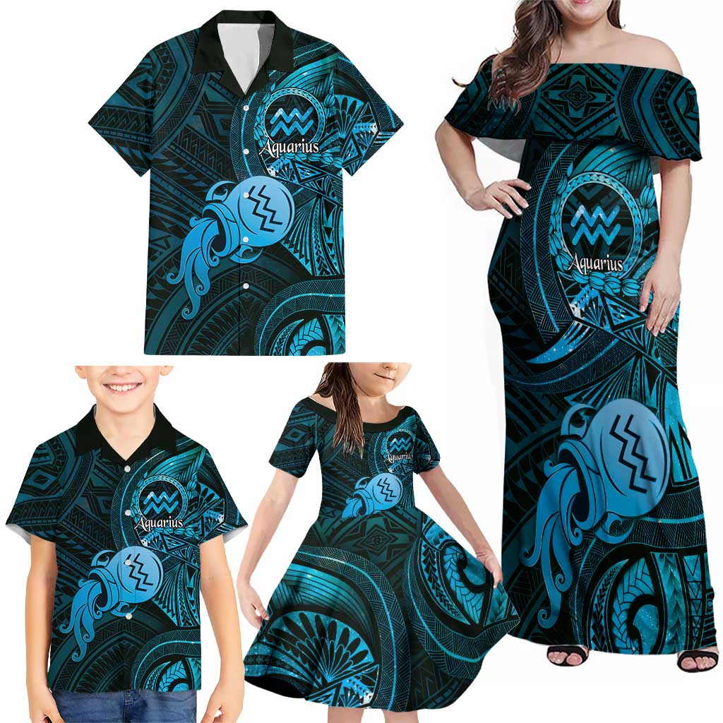 Personalised Polynesia Zodiac Aquarius Family Matching Off Shoulder Maxi Dress and Hawaiian Shirt Galaxy Polynesian Pattern Chest Tattoo Style