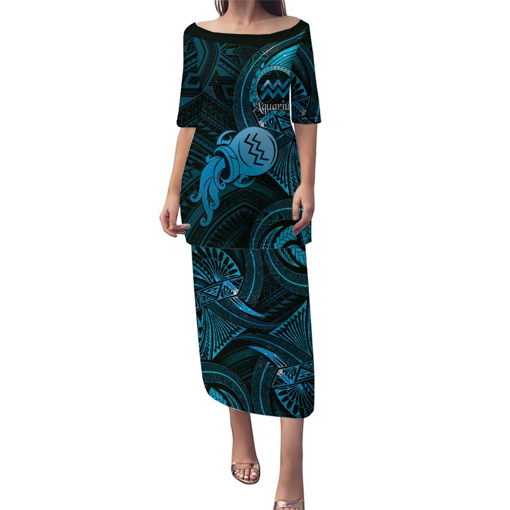 Personalised Polynesia Zodiac Aquarius Family Matching Puletasi and Hawaiian Shirt Galaxy Polynesian Pattern Chest Tattoo Style