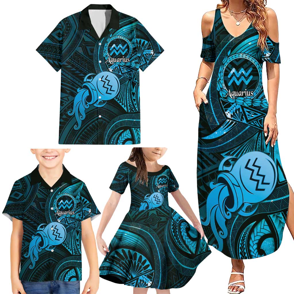 Personalised Polynesia Zodiac Aquarius Family Matching Summer Maxi Dress and Hawaiian Shirt Galaxy Polynesian Pattern Chest Tattoo Style