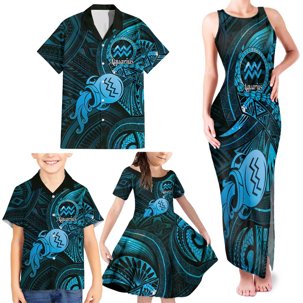 Personalised Polynesia Zodiac Aquarius Family Matching Tank Maxi Dress and Hawaiian Shirt Galaxy Polynesian Pattern Chest Tattoo Style
