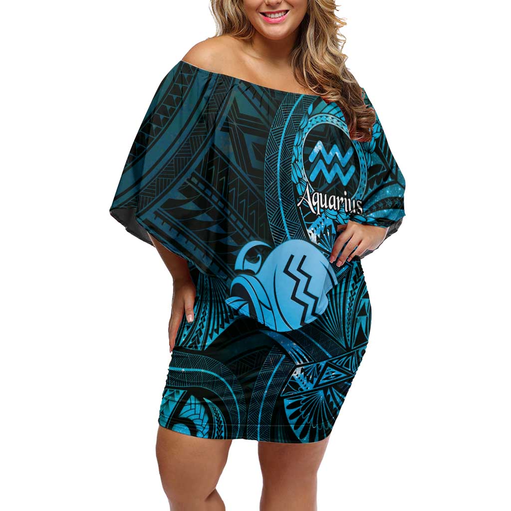 Personalised Polynesia Zodiac Aquarius Off Shoulder Short Dress Galaxy Polynesian Pattern Chest Tattoo Style