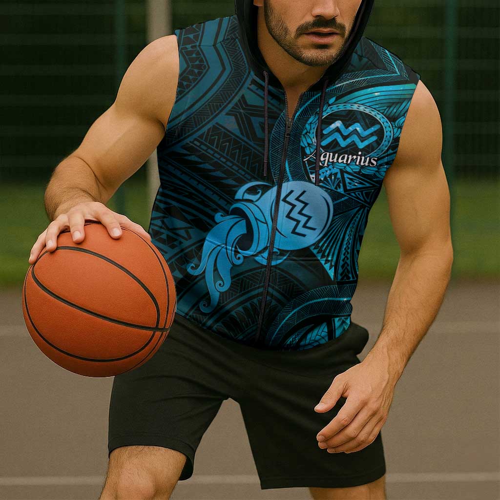Personalised Polynesia Zodiac Aquarius Sleeveless Zip Hoodie Galaxy Polynesian Pattern Chest Tattoo Style