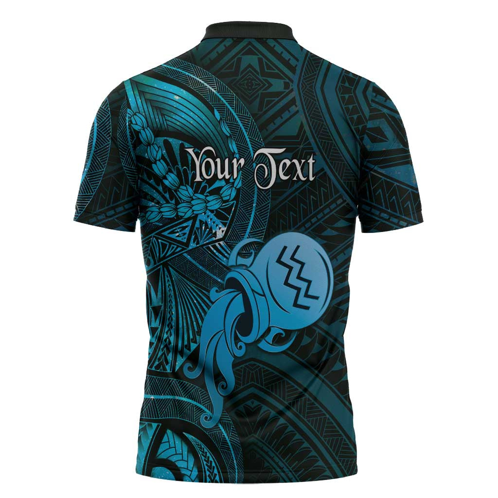 Personalised Polynesia Zodiac Aquarius Zipper Polo Shirt Galaxy Polynesian Pattern Chest Tattoo Style